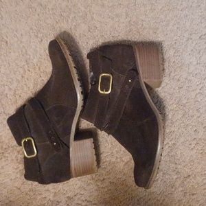 2inch block heel suede booties with gold buckle